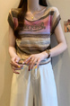 Real Shot Wholesale Price 2025 Summer New Sweet and Spicy Style Rainbow Contrast Striped Drawstring Knitted Tops in Pink and Brown