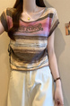 Real Shot Wholesale Price 2025 Summer New Sweet and Spicy Style Rainbow Contrast Striped Drawstring Knitted Tops in Pink and Brown