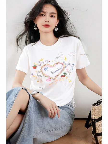 Real Shot in Stock 2025 Summer New Retro Drawstring Top Round Neck Three-Dimensional Love Print Short-Sleeved T-Shirt in Solid White Color