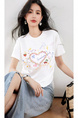 Real Shot in Stock 2025 Summer New Retro Drawstring Top Round Neck Three-Dimensional Love Print Short-Sleeved T-Shirt in Solid White Color