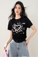 Real Shot in Stock 2025 Summer New Retro Drawstring Top Round Neck Three-Dimensional Love Print Short-Sleeved T-Shirt in Solid Black Color