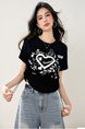 Real Shot in Stock 2025 Summer New Retro Drawstring Top Round Neck Three-Dimensional Love Print Short-Sleeved T-Shirt in Solid Black Color