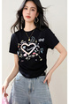 Real Shot in Stock 2025 Summer New Retro Drawstring Top Round Neck Three-Dimensional Love Print Short-Sleeved T-Shirt in Solid Black Color