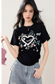 Real Shot in Stock 2025 Summer New Retro Drawstring Top Round Neck Three-Dimensional Love Print Short-Sleeved T-Shirt in Solid Black Color