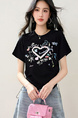 Real Shot in Stock 2025 Summer New Retro Drawstring Top Round Neck Three-Dimensional Love Print Short-Sleeved T-Shirt in Solid Black Color