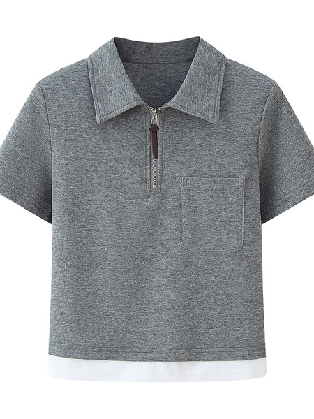 Real Shot of a Large Number of Spot Short-Sleeved T-Shirts for Women 2025 New Summer Casual Simple Fake Two-Piece Polo  Gray