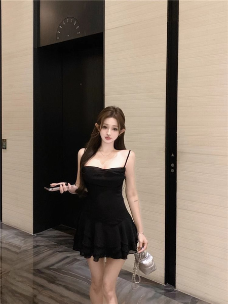 Original Fabric! French Style Slouch Collar Sleeveless Suspender Dress for Women in Black, Summer Sexy Hot Girl Style