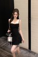 Original Fabric! French Style Slouch Collar Sleeveless Suspender Dress for Women in Black, Summer Sexy Hot Girl Style
