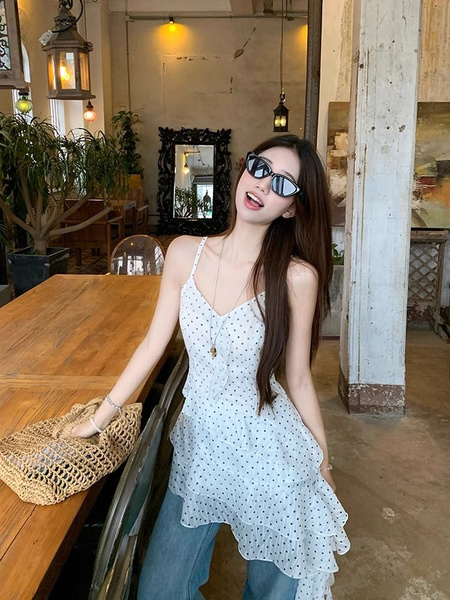 Original Quality! Chiffon + Lining for Slightly Fat mm Holiday Style Suspender Dress for Women in White with Polka Dots, Ruffled Skirt