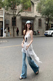 Original Quality! Chiffon + Lining for Slightly Fat mm Holiday Style Suspender Dress for Women in White with Polka Dots, Ruffled Skirt