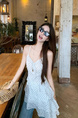 Original Quality! Chiffon + Lining for Slightly Fat mm Holiday Style Suspender Dress for Women in White with Polka Dots, Ruffled Skirt