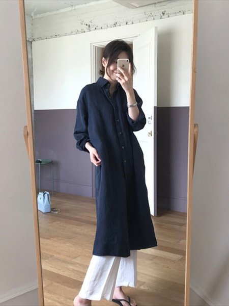 Student Korean Version of Long-Sleeved Shirt Dress for Women in Navy Blue, Medium-Length, Loose and Slim, Lazy Shirt