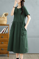 Real Shot of Summer Round Neck Pullover Solid Color Dress in Dark Green, Korean Style Loose Waist Adjustable Pocket Long Skirt