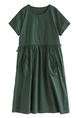 Real Shot of Summer Round Neck Pullover Solid Color Dress in Dark Green, Korean Style Loose Waist Adjustable Pocket Long Skirt
