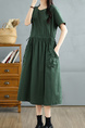 Real Shot of Summer Round Neck Pullover Solid Color Dress in Dark Green, Korean Style Loose Waist Adjustable Pocket Long Skirt