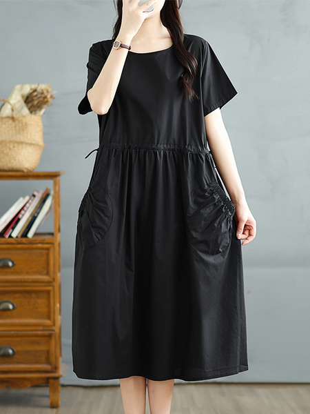 Real Shot of Summer Round Neck Pullover Solid Color Dress in Black, Korean Style Loose Waist Adjustable Pocket Long Skirt