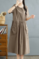 Real Shot of Summer Round Neck Pullover Solid Color Dress in Khaki, Korean Style Loose Waist Adjustable Pocket Long Skirt