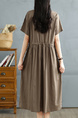 Real Shot of Summer Round Neck Pullover Solid Color Dress in Khaki, Korean Style Loose Waist Adjustable Pocket Long Skirt