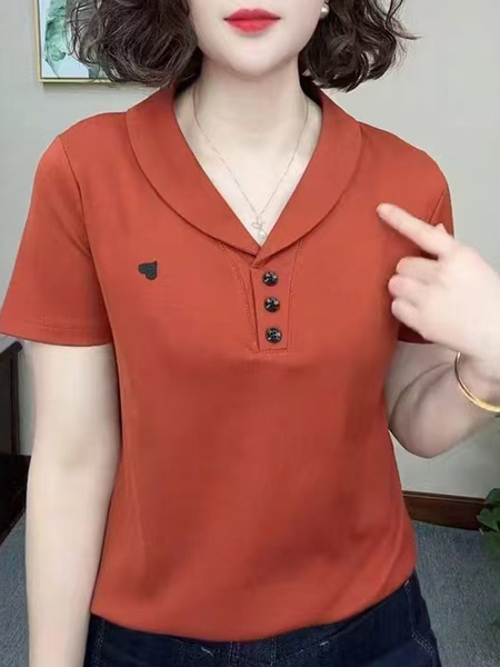 2025 Summer New Pure Cotton Short-Sleeved T-Shirt Middle-Aged Mother Lapel Top Casual Shirt Loose Top in Rust Color