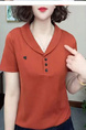 2025 Summer New Pure Cotton Short-Sleeved T-Shirt Middle-Aged Mother Lapel Top Casual Shirt Loose Top in Rust Color