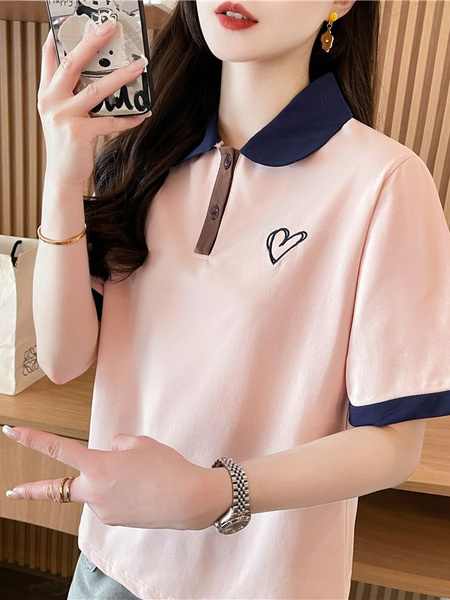 Real Shot of College Polo Collar Short-Sleeved T-Shirt for Women in Summer New Style Design Stylish Embroidery in Pink and Navy Blue