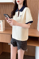 Real Shot of College Polo Collar Short-Sleeved T-Shirt for Women in Summer New Style Design Stylish Embroidery in Cream and Navy Blue