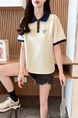 Real Shot of College Polo Collar Short-Sleeved T-Shirt for Women in Summer New Style Design Stylish Embroidery in Cream and Navy Blue