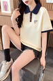 Real Shot of College Polo Collar Short-Sleeved T-Shirt for Women in Summer New Style Design Stylish Embroidery in Cream and Navy Blue