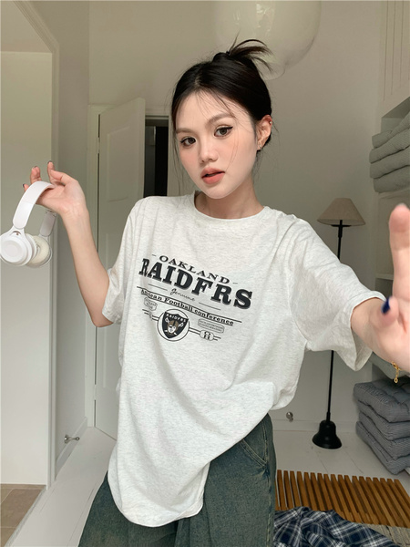 Real Shot and Real Price 2025 New Summer Printed Half-Sleeved Loose Short-Sleeved T-Shirt for Women in Light Gray