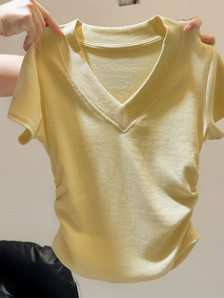 Real shot of Korean sweet hot girl V-neck straight shoulder short-sleeved T-shirt female summer petite short slim yellow
