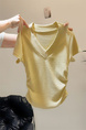 Real shot of Korean sweet hot girl V-neck straight shoulder short-sleeved T-shirt female summer petite short slim yellow
