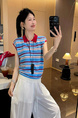 Korean style contrast color striped polo collar short-sleeved T-shirt for women in summer 2025 new loose versatile blue and red