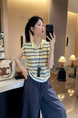 Korean style contrast color striped polo collar short-sleeved T-shirt for women in summer 2025 new loose versatile yellow and blue