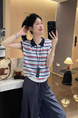 Korean style contrast color striped polo collar short-sleeved T-shirt for women in summer 2025 new loose versatile blue, red, and white