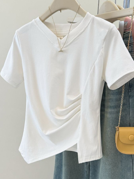 Real shot of pure cotton ribbed short-sleeved T-shirt for women in summer Korean style slim fit bottoming shirt in white