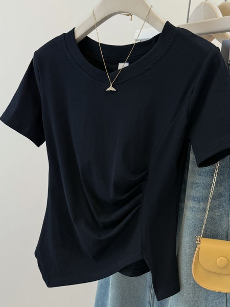 Real shot of pure cotton ribbed short-sleeved T-shirt for women in summer Korean style slim fit bottoming shirt in navy blue