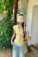Cream style shawl V-neck knitted top for women in light yellow with atmospheric cuffs and slits, slim-fit sweater bottoming shirt