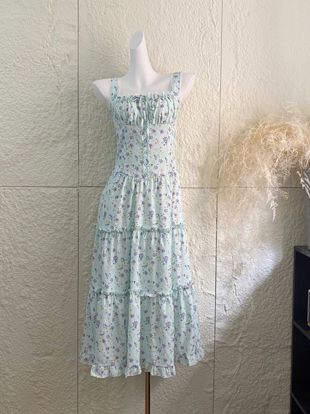 Monday 5.7/10:00am Hanano Overture Chest Drawstring Lace Patchwork Suspender Dress with Large Skirt - Light Blue
