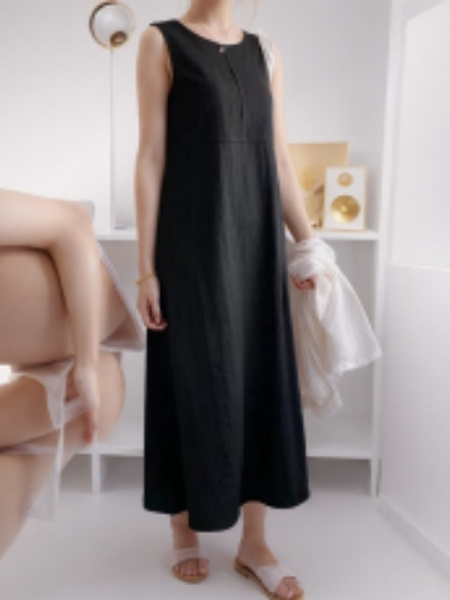 Korean Chic Style Simple Loose Oversized Sleeveless Long Cotton and Linen Dress for Women - Black