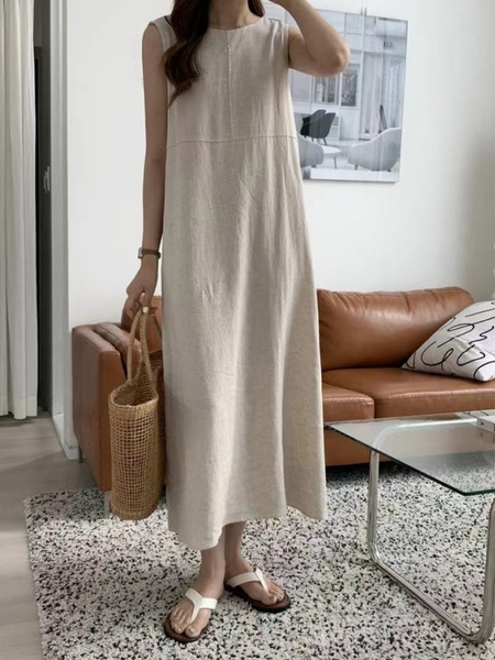 Korean Chic Style Simple Loose Oversized Sleeveless Long Cotton and Linen Dress for Women - Beige