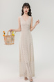 Real Shot of the New 2025 Summer French V-Neck Lace Edge Elegant Temperament Holiday Style Waist Slim Long Dress - Beige