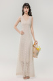 Real Shot of the New 2025 Summer French V-Neck Lace Edge Elegant Temperament Holiday Style Waist Slim Long Dress - Beige