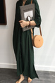 Korean Style Single-Breasted Dress Simple Round Neck Solid Color Lantern Sleeves Dress Shirt Long Skirt with Pockets - Dark Green