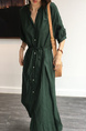 Korean Style Single-Breasted Dress Simple Round Neck Solid Color Lantern Sleeves Dress Shirt Long Skirt with Pockets - Dark Green