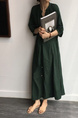 Korean Style Single-Breasted Dress Simple Round Neck Solid Color Lantern Sleeves Dress Shirt Long Skirt with Pockets - Dark Green