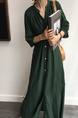 Korean Style Single-Breasted Dress Simple Round Neck Solid Color Lantern Sleeves Dress Shirt Long Skirt with Pockets - Dark Green