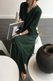 Korean Style Single-Breasted Dress Simple Round Neck Solid Color Lantern Sleeves Dress Shirt Long Skirt with Pockets - Dark Green