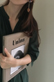 Korean Style Single-Breasted Dress Simple Round Neck Solid Color Lantern Sleeves Dress Shirt Long Skirt with Pockets - Dark Green