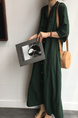 Korean Style Single-Breasted Dress Simple Round Neck Solid Color Lantern Sleeves Dress Shirt Long Skirt with Pockets - Dark Green