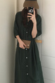 Korean Style Single-Breasted Dress Simple Round Neck Solid Color Lantern Sleeves Dress Shirt Long Skirt with Pockets - Dark Green